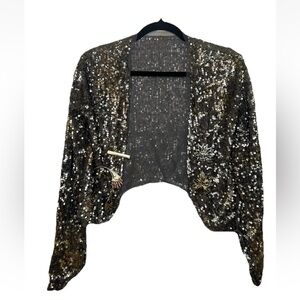 VTG Re-Made Metallic Sequined Longsleeve Bolero Jacket VTG Brooch Detailing S